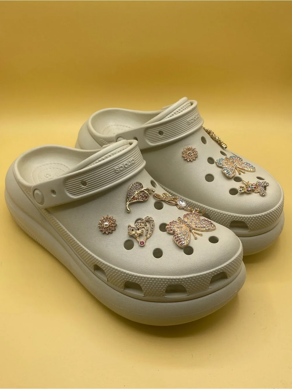 CROCS Cream Platform Clogs with Gold Butterfly Charms - Picture 1 of 4